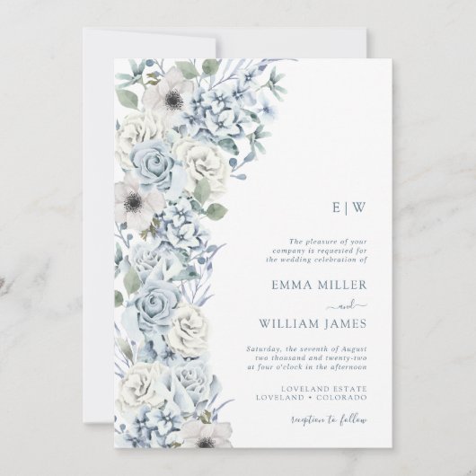 Mit Monogramm Blue Floral Wedding Einladung (Vorderseite)