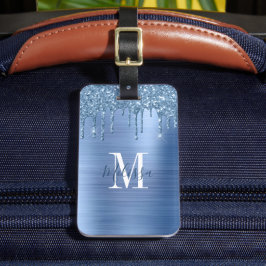 Mit Monogramm Blue Glitzer Tropfen Brushed Metal Gepäckanhänger
