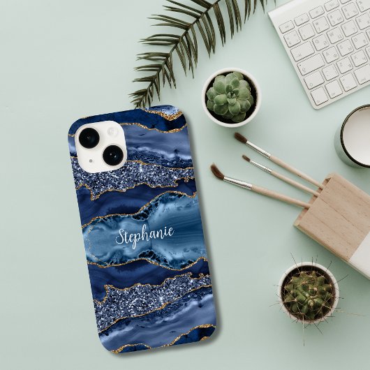 Mit Monogramm Blue Gold Agate Marble Glitzer Case-Mate iPhone Hülle