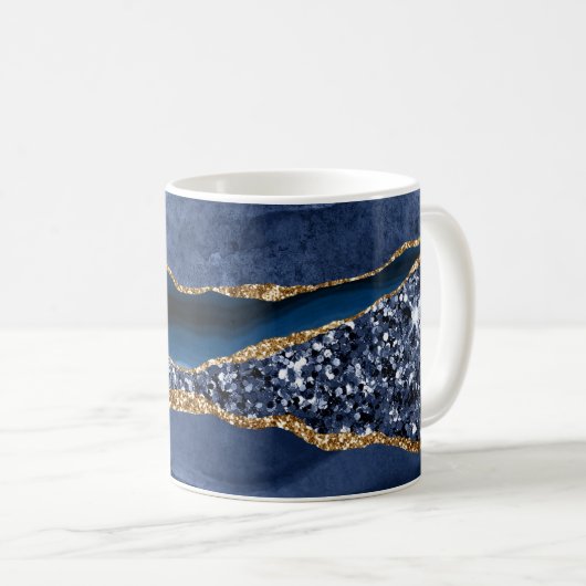 Mit Monogramm Blue Gold Glitzer Agate Marble Trend Kaffeetasse (VorderseiteRechts)
