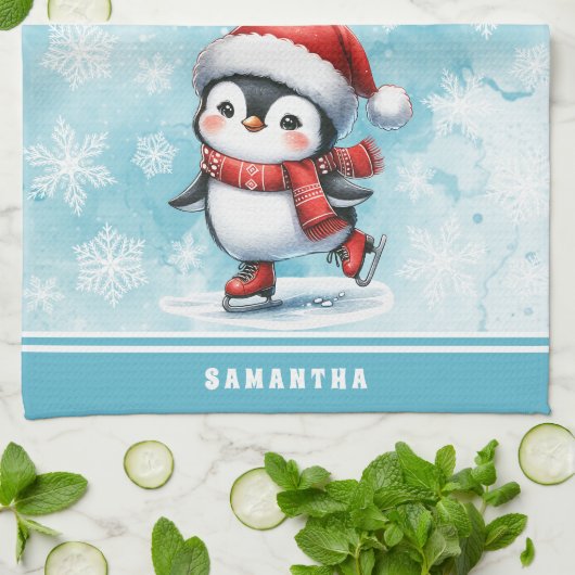 Mit Monogramm Blue Ice Skaten Penguin Weihnachten Geschirrtuch (Gefaltet)