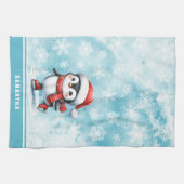 Mit Monogramm Blue Ice Skaten Penguin Weihnachten Geschirrtuch (Horizontal)