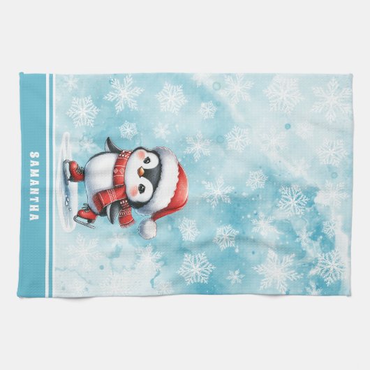 Mit Monogramm Blue Ice Skaten Penguin Weihnachten Geschirrtuch (Horizontal)