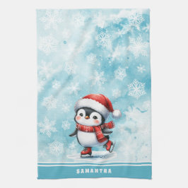 Mit Monogramm Blue Ice Skaten Penguin Weihnachten Geschirrtuch