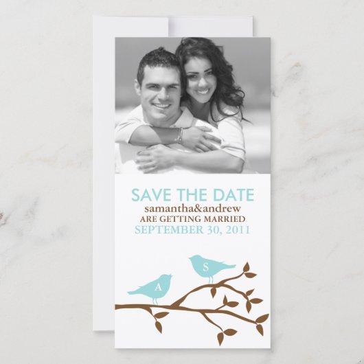 Mit Monogramm Blue Love Birds Save the Date (Vorderseite)