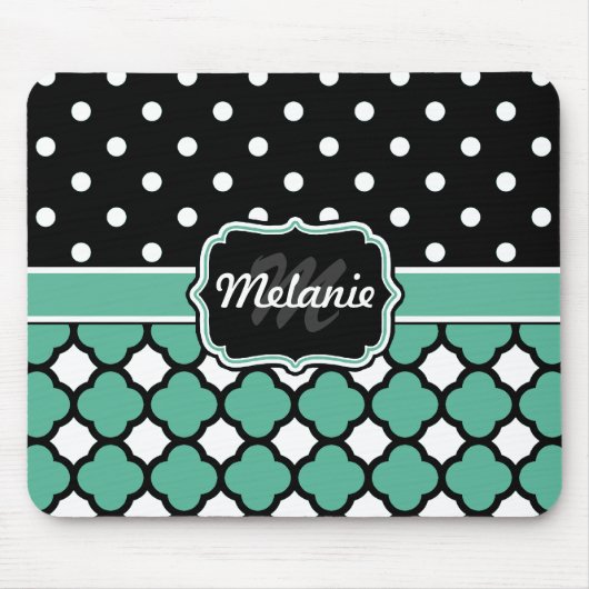 Mit Monogramm Blue Quatrefoil Lattice Polka Dot Mousepad (Vorne)