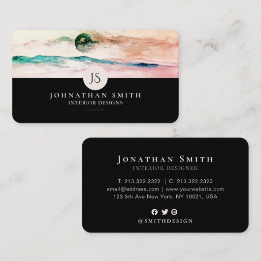 Mit Monogramm Blue Rose Gold Landschaft Social Med Visitenkarte (Vorne/Hinten)