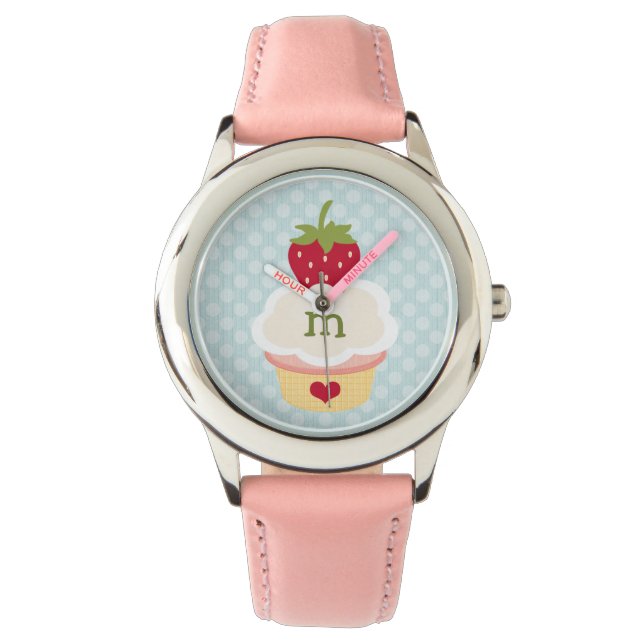 Mit Monogramm Blue Strawberry Cupcake Armbanduhr (Vorderseite)