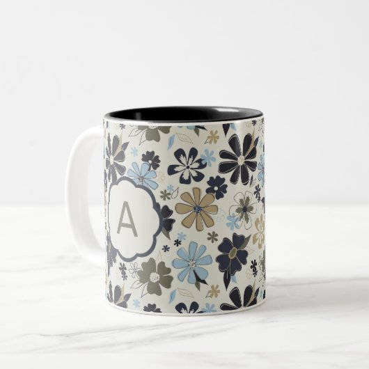 Mit Monogramm Blue Tan-Blume mit Blumendruck Zweifarbige Tasse (Vorderseite Links)