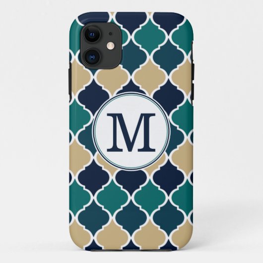 Mit Monogramm Blue Tan marokkanisches Gittermuster Case-Mate iPhone Hülle (Rückseite)