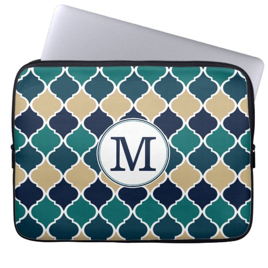 Mit Monogramm Blue Tan marokkanisches Gittermuster Laptopschutzhülle (Vorderseite)