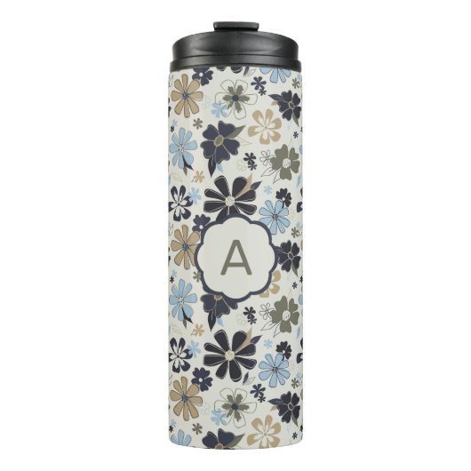 Mit Monogramm Blue Tan Olive Kontur Blume Blühen Thermosbecher (Vorderseite)