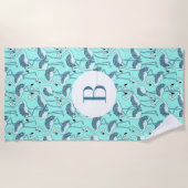 Mit Monogramm Blue Tropical Flamingos Strandtuch (Vorderseite)