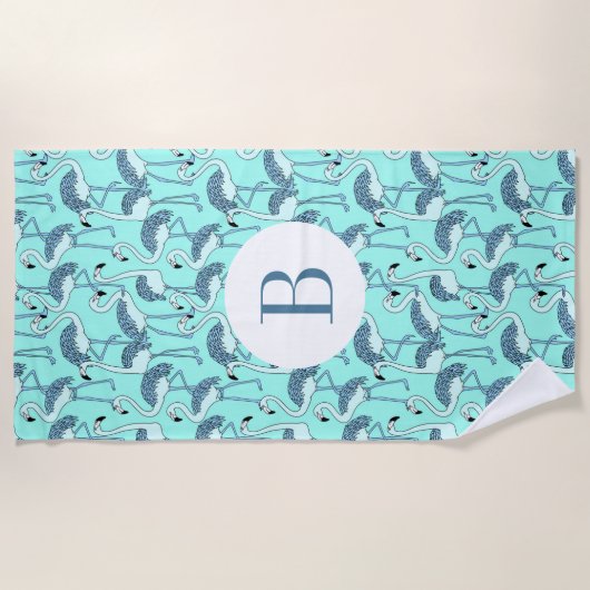 Mit Monogramm Blue Tropical Flamingos Strandtuch (Vorderseite)