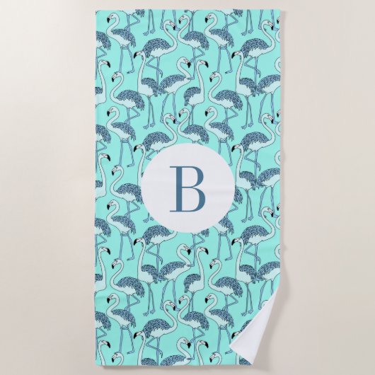Mit Monogramm Blue Tropical Flamingos Strandtuch (Vorderseite)
