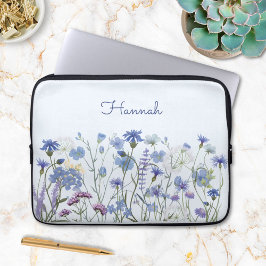 Mit Monogramm Blue Watercolor Wildblume Garden Laptopschutzhülle