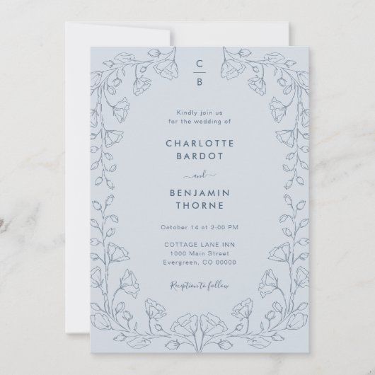 Mit Monogramm Blue Wedding Einladung (Vorderseite)