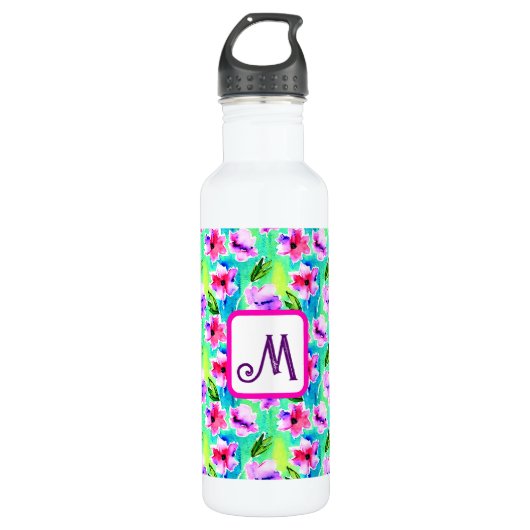 Mit Monogramm Blume Edelstahlflasche (Vorderseite)