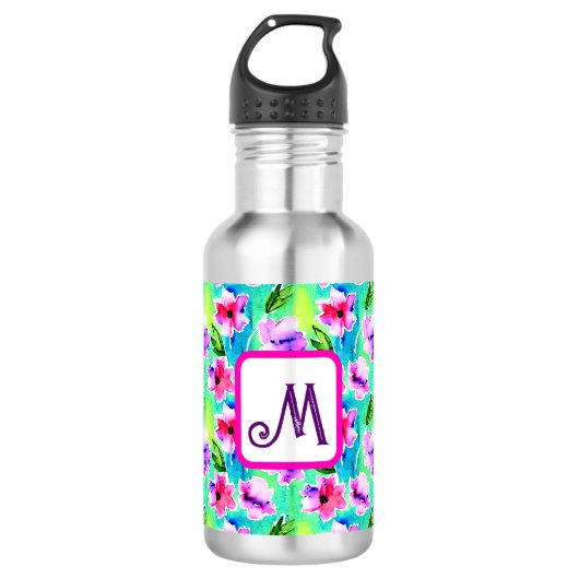 Mit Monogramm Blume Edelstahlflasche (Vorderseite)