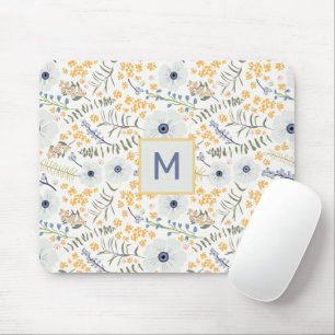 Mit Monogramm Blume Gelbblau Botanisches Muster Mousepad