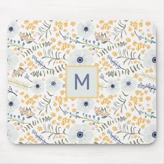 Mit Monogramm Blume Gelbblau Botanisches Muster Mousepad (Vorne)