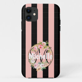 Mit Monogramm Blume und schwarz-rosa Streifen Case-Mate iPhone Hülle