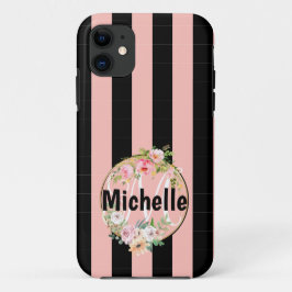 Mit Monogramm Blume und schwarz-rosa Streifen Case-Mate iPhone Hülle