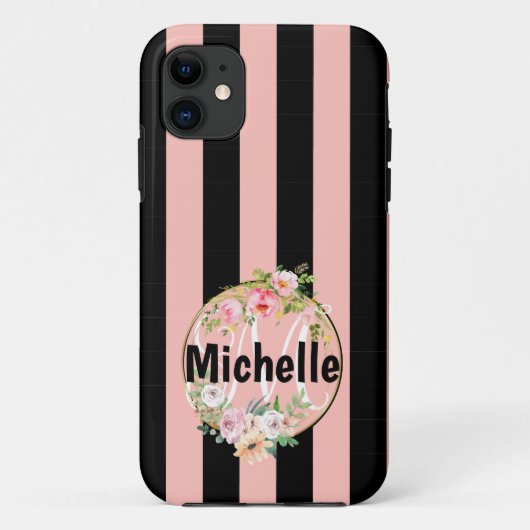 Mit Monogramm Blume und schwarz-rosa Streifen Case-Mate iPhone Hülle (Rückseite)