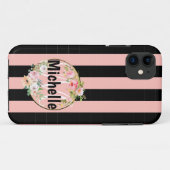 Mit Monogramm Blume und schwarz-rosa Streifen Case-Mate iPhone Hülle (Rückseite (Horizontal))