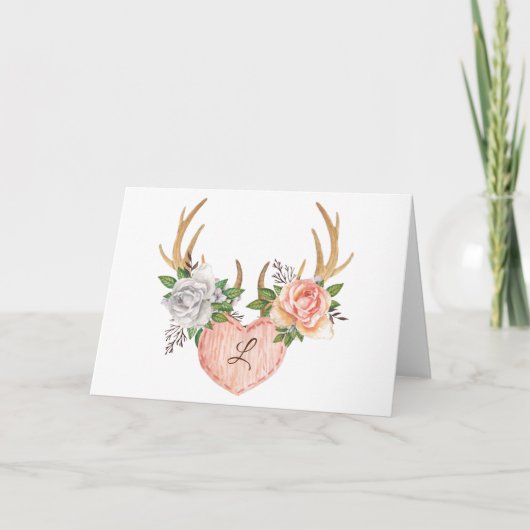 Mit Monogramm Blumen-Antler-Notecard - Leere Innen Dankeskarte (Vorderseite)