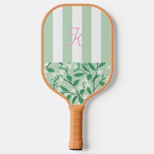 Mit Monogramm Blumeninitialen grün und rosa Pickleball Schläger (Rückseite)
