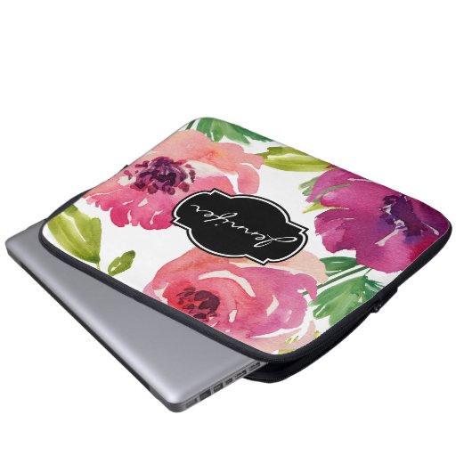 Mit Monogramm Blumenmuster Laptopschutzhülle (Vorne Knopf)