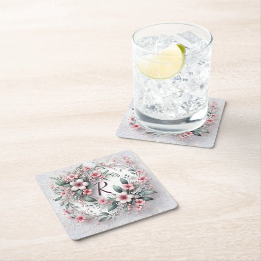 Mit Monogramm Blumenstrauß Rechteckiger Pappuntersetzer (Vor Ort)