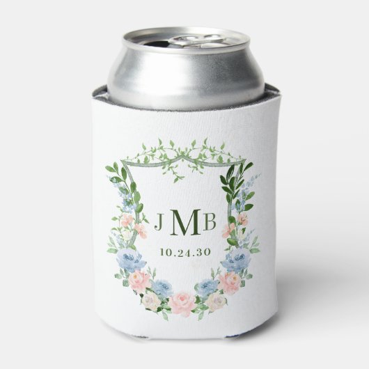 Mit Monogramm Blush Blue Floral Wappen Hochzeit Dosenkühler (Kanne Vorderseite)