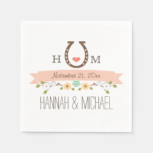Mit Monogramm Blush Pink Horseshoe Heart Wedding Serviette (Vorderseite)
