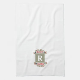 Mit Monogramm Blütengrün und Weiß elegant Geschirrtuch