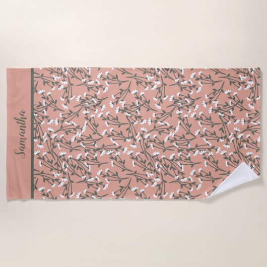 Mit Monogramm Boho Coral Peach Grün Weiße Blüte Strandtuch (Vorderseite)