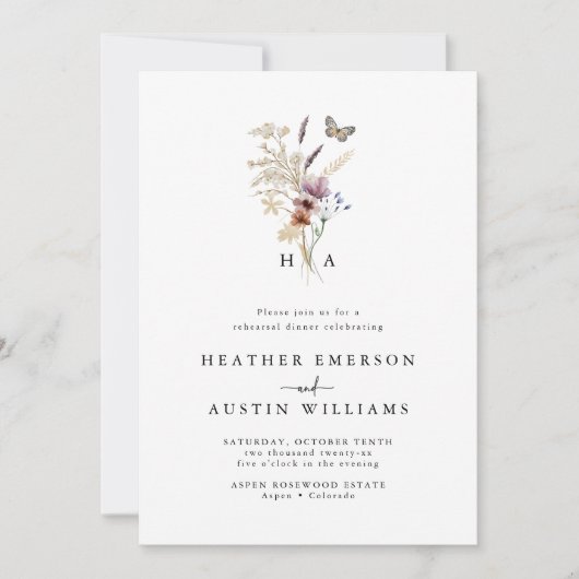 Mit Monogramm Boho Floral Probe Dinner Einladung (Vorderseite)