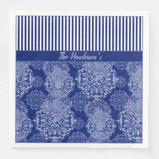 Mit Monogramm Boho Moody Blues Mandalas und Streif Serviette (Vorderseite)