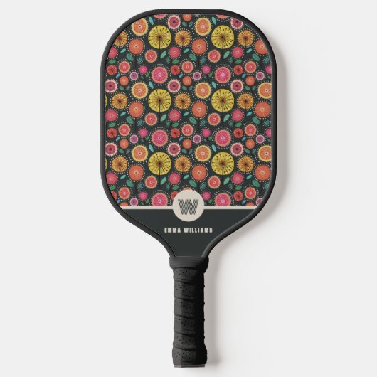 Mit Monogramm Bold Boho Chic Floral Personalisiert Pickleball Schläger (Vorderseite)