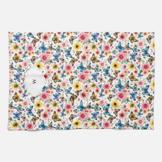 Mit Monogramm botanisches Wasserfarbenmuster Geschirrtuch (Horizontal)