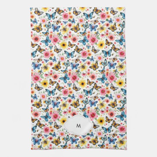 Mit Monogramm botanisches Wasserfarbenmuster Geschirrtuch (Vertikal)