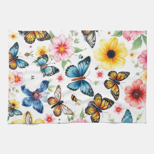 Mit Monogramm botanisches Wasserfarbenmuster Geschirrtuch (Horizontal)