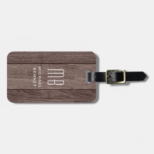 Mit Monogramm braune Imitate Holztextur Gepäckanhänger (Vorderseite horizontal)