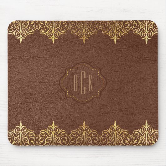 Mit Monogramm braune Imitate Leather Gold Lace Acc Mousepad (Vorne)