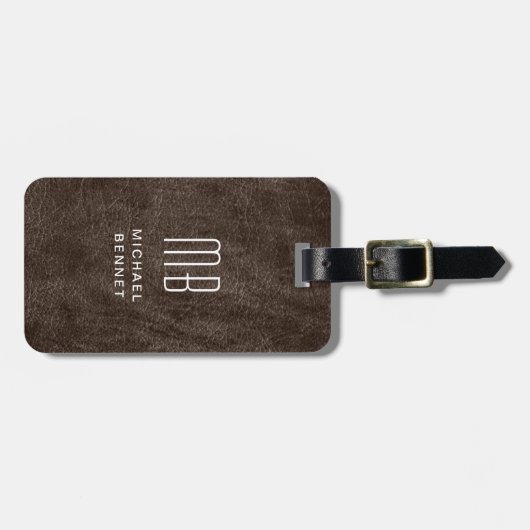 Mit Monogramm braune Imitate Ledertextur Gepäckanhänger (Vorderseite horizontal)