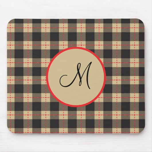 Mit Monogramm Brown Black und Red Buffalo Kariert Mousepad (Vorne)