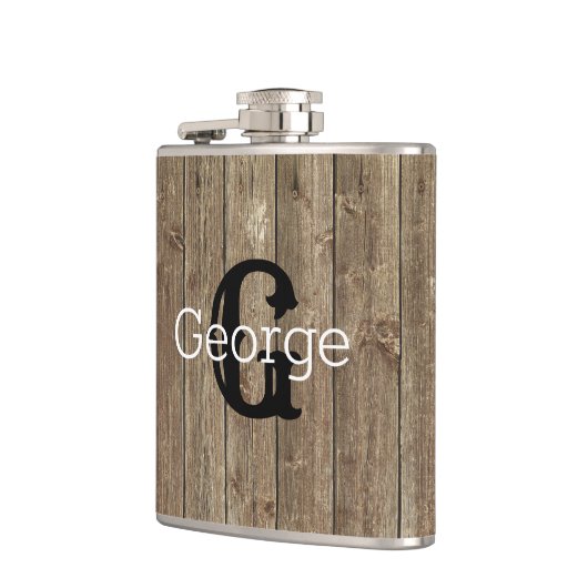 Mit Monogramm Brown Wood Handsome Modern Flachmann (Links)