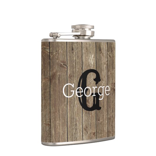 Mit Monogramm Brown Wood Handsome Modern Flachmann (Rechts)