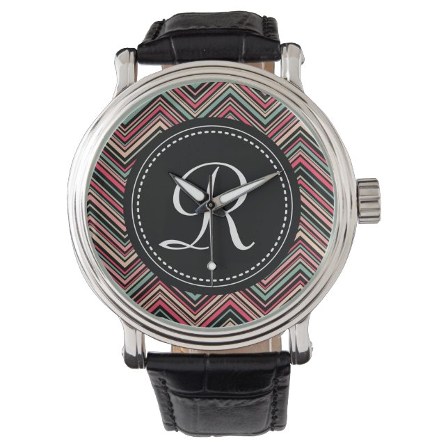 Mit Monogramm, buntes Tribal-Zickzack Muster Armbanduhr (Vorderseite)